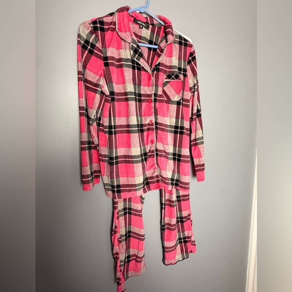 Ellen Tracy Pink/Black Plaid Flannel 2 pc Pajama Set Womens Sz M